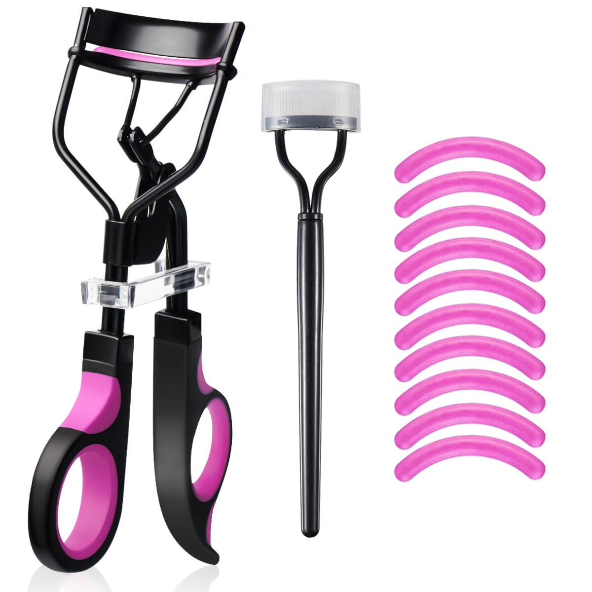 Eyelash Curlers Eyebrow Brush Kit for Women w Lash Curler, Eyelash Comb Seperator, Mascara Brushes, Eyelash Extension Tweezers, Angled Eyebrow Brush and Comb, 10 Silicone Refills Pads for Lash & Brow