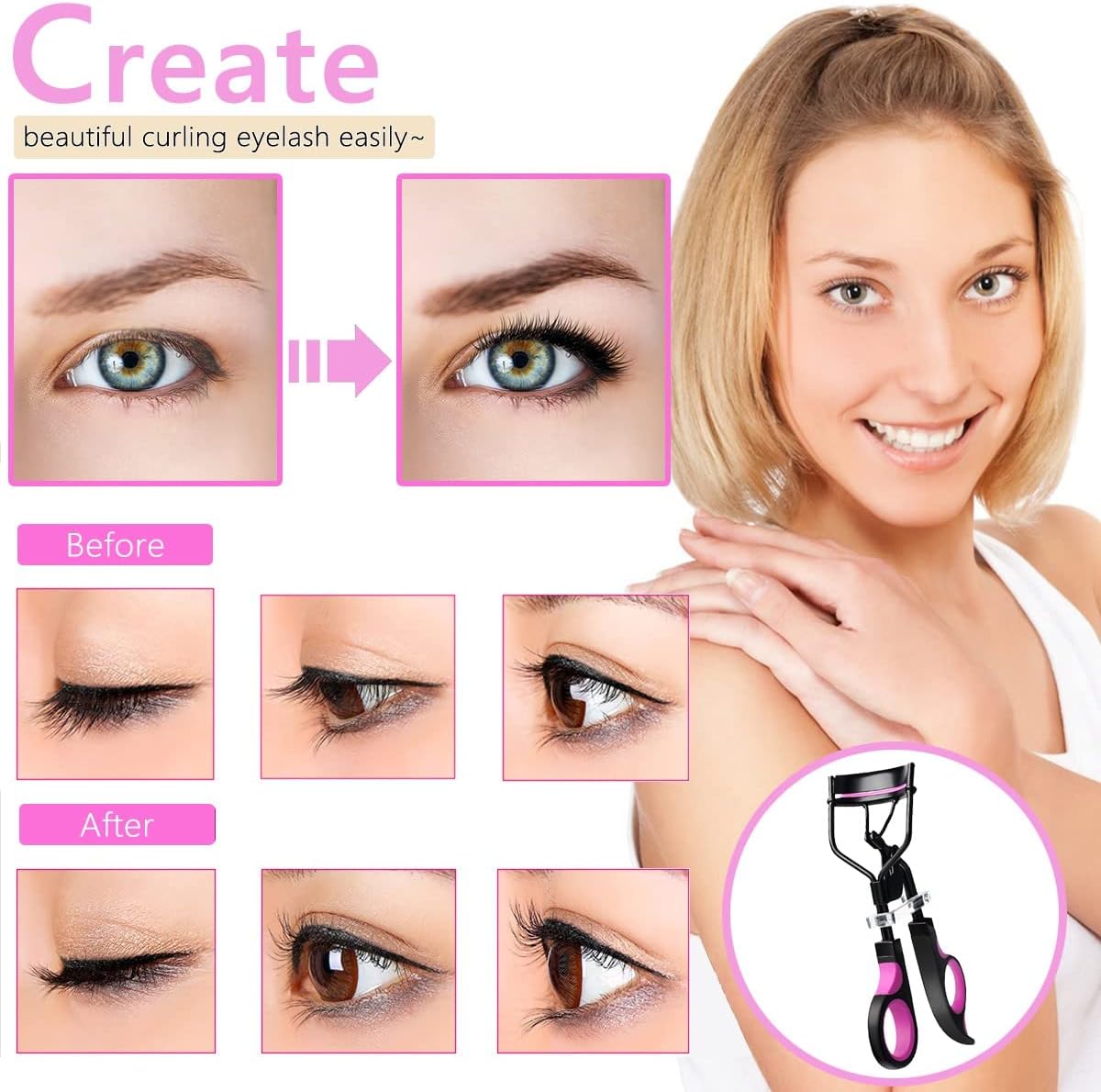Eyelash Curlers Eyebrow Brush Kit for Women w Lash Curler, Eyelash Comb Seperator, Mascara Brushes, Eyelash Extension Tweezers, Angled Eyebrow Brush and Comb, 10 Silicone Refills Pads for Lash & Brow